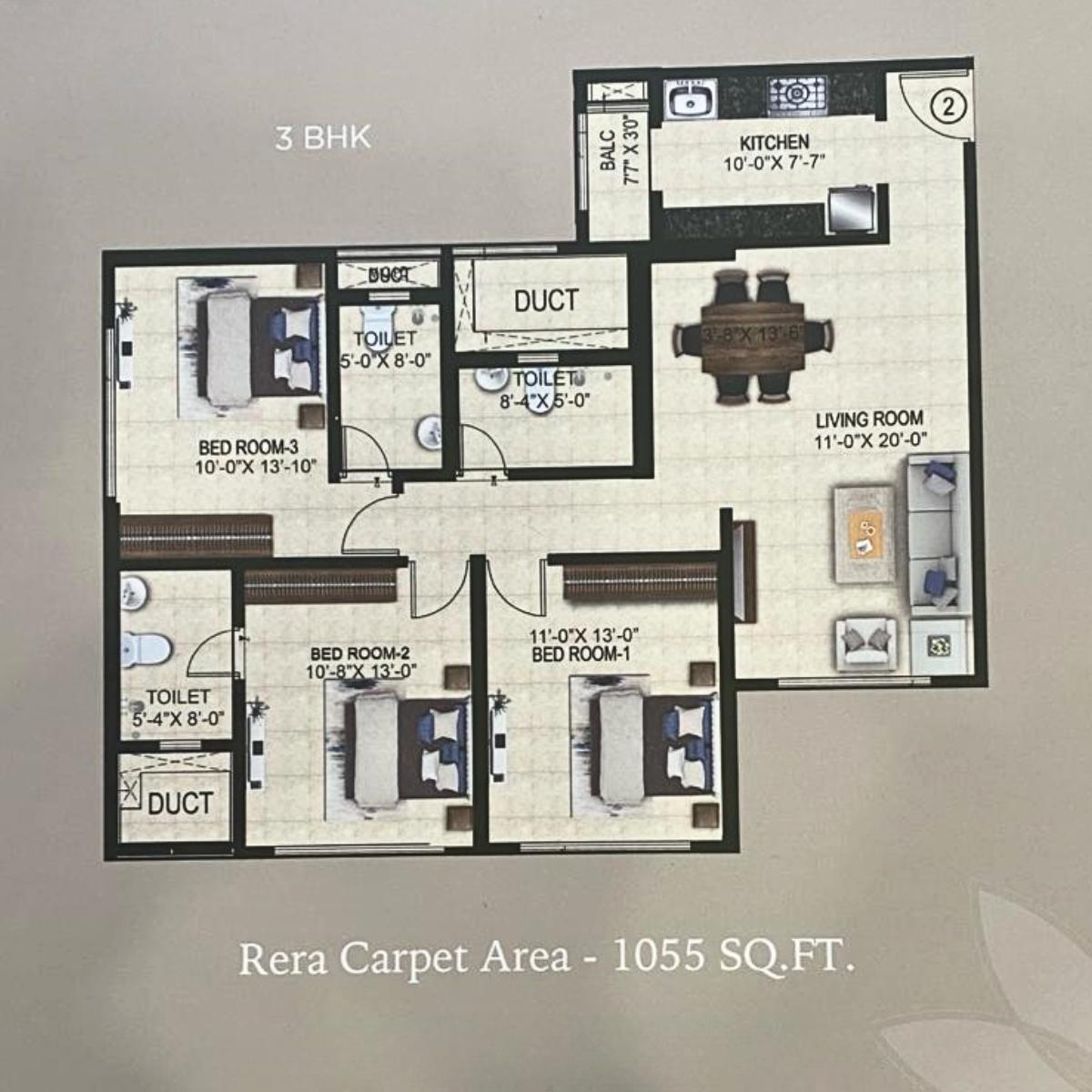 Ajmera-Arham-Floor-Plan-3-BHK-1055-Sqft